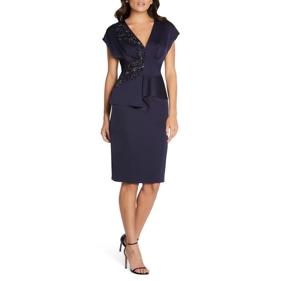 Aidan Mattox Embellished V Neck Peplum Sheath Dress - Picture 5 of 16